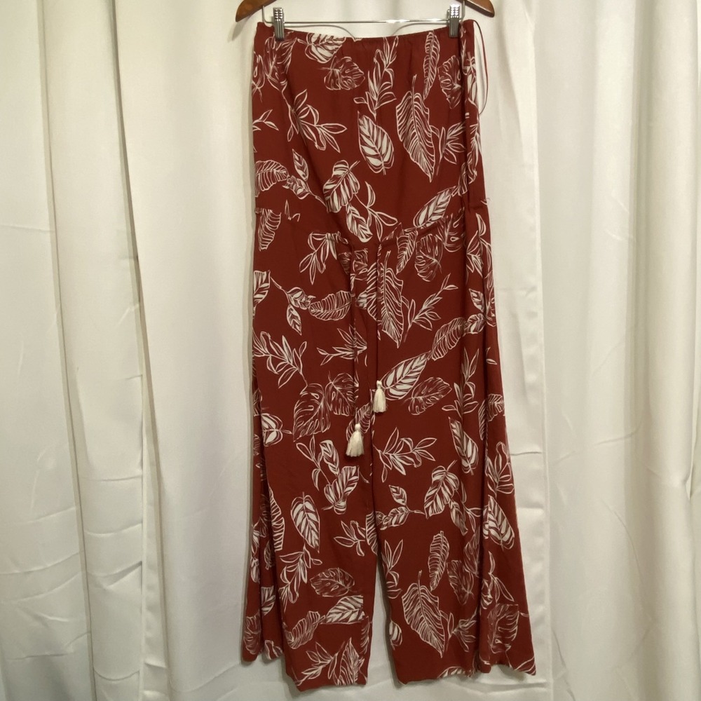Aakaa Strapless Wide‎ Leg Jumpsuit Medium Drawstring Tassels Leaves Design